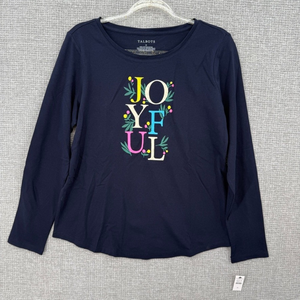 Talbots Joyful Graphic Tee Women M Navy Blue Long Sleeve Cotton Crew Neck